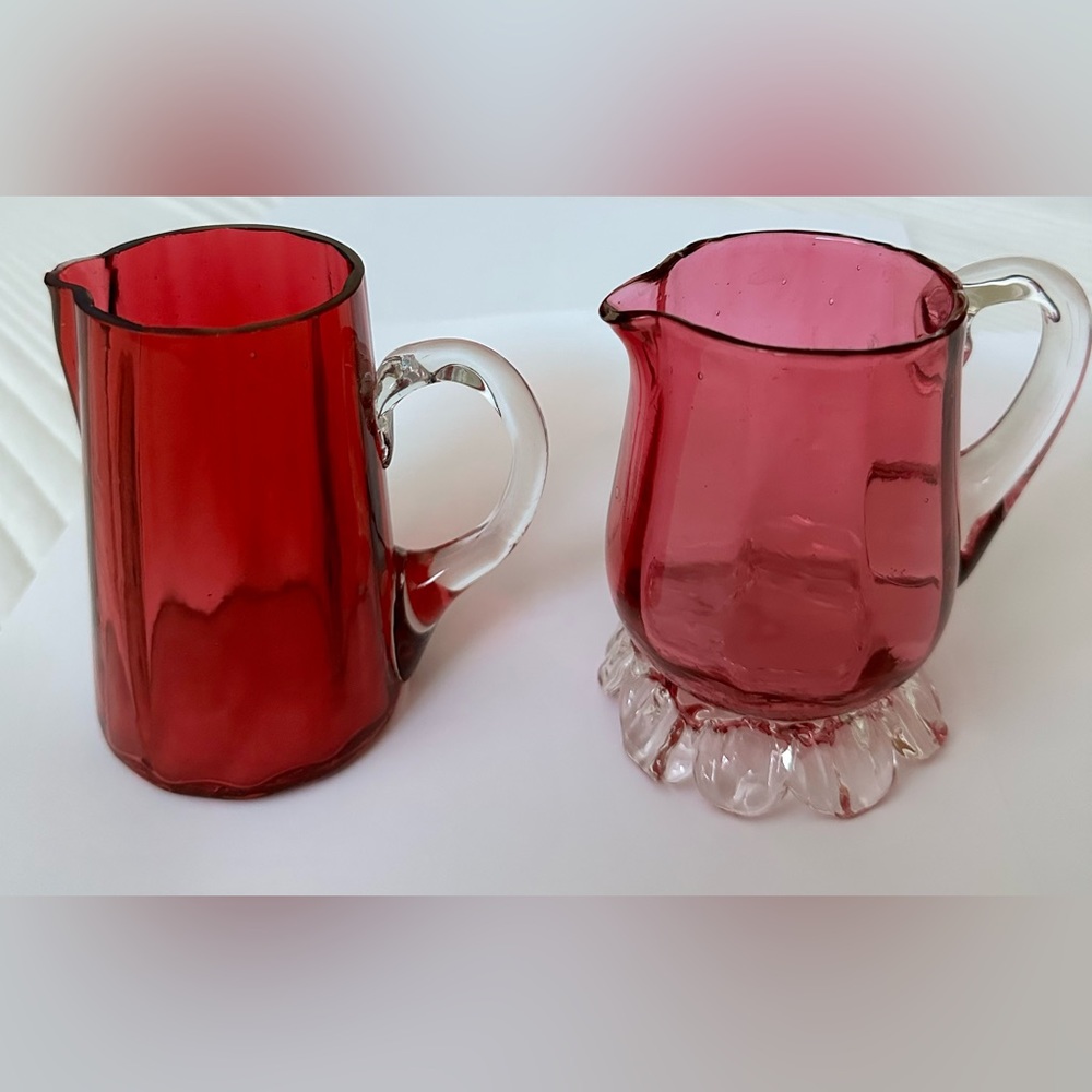 Antique Cranberry Glass Victorian Jugs Pair